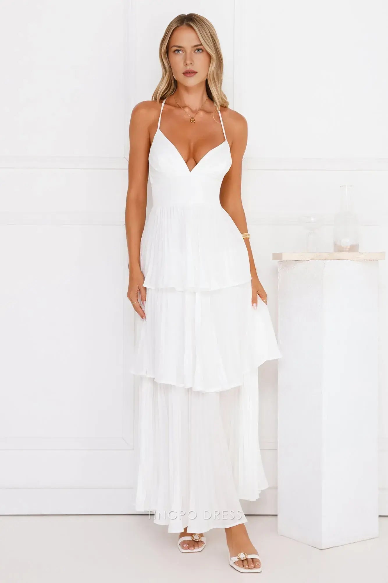 Elegant A-Line Spaghetti Strap Tiered Maxi Dress with Open Back Prom Dress